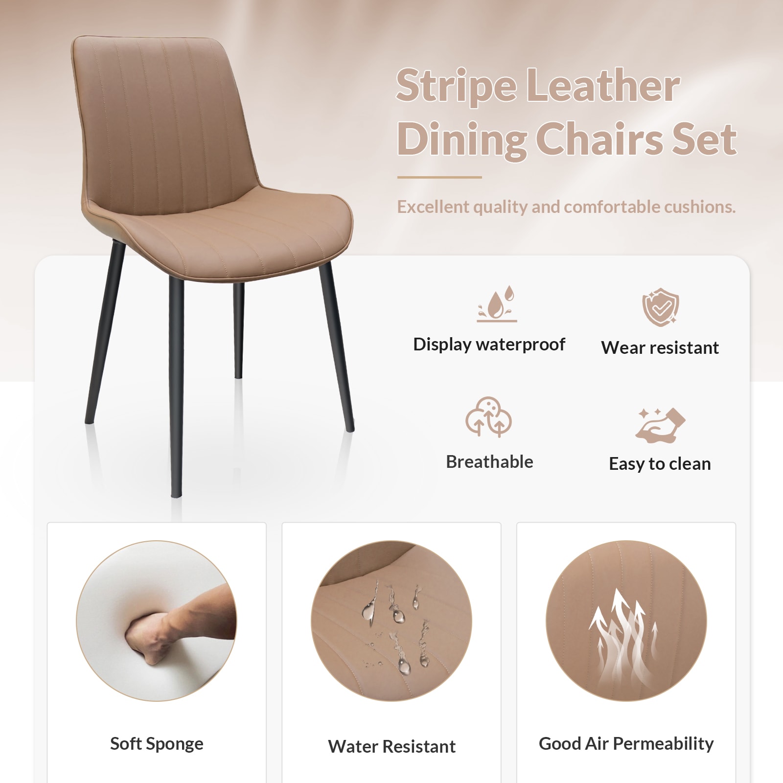 Khaki PU Leather Dining Chair With Metal Legs, Wave Pattern Upholstered Armless Chair Set Of 2 For Kitchen, Restaurant, Living, Meeting Room_voghion.com